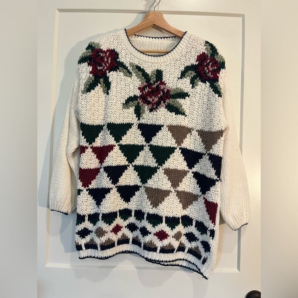 Vtg Handknit floral chunky oversized. cottagecore boho crew neck sweater sz XL